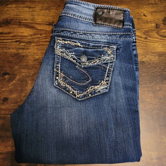 Silver Jeans Sz 29 Suki Slim Boot Super Stretch Low Rise Tummy Control Dark Wash - Picture 1 of 14